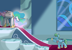 Size: 1074x744 | Tagged: safe, artist:jolliapplegirl, princess celestia, oc, oc:azure glide, alicorn, pegasus, pony, angry, betrayal, commission, context in description, crying, female, jewelry, male, mare, mother and child, mother and son, parent and child, regalia, shame, stallion, story included, tears of pain, throne room