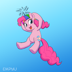 Size: 1000x1000 | Tagged: safe, artist:empyu, pinkie pie, earth pony, pony, female, flying, hat, mare, open mouth, propeller hat, simple background, smiling, solo