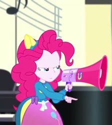 Size: 646x720 | Tagged: safe, screencap, pinkie pie, eqg summertime shorts, equestria girls, steps of pep, >:|, annoyed, cropped, frown, megaphone, pointing, solo, wondercolts uniform