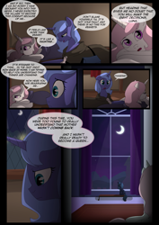 Size: 1240x1754 | Tagged: safe, artist:lunarcakez, princess celestia, princess luna, alicorn, pony, comic:the origins of hollow shades, cloak, clothes, comic, pink-mane celestia, s1 luna