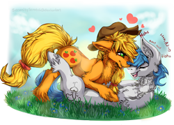 Size: 1750x1250 | Tagged: safe, artist:serenity, applejack, oc, oc:constance everheart, earth pony, pony, canon x oc, couple, cuddling, cute, everjack, fetish, fluffy, heart, shipping, snuggling, tickle fetish, tickling, tongue out