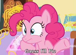 Size: 1479x1080 | Tagged: safe, edit, edited screencap, screencap, pinkie pie, earth pony, pony, it isn't the mane thing about you, :t, discovery family logo, female, guess i'll die, image macro, mare, meme, pun, shrug, silly string, solo