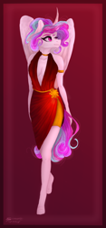 Size: 700x1500 | Tagged: safe, artist:copshop, princess celestia, alicorn, anthro, unguligrade anthro, absolute cleavage, alternate hairstyle, breasts, cleavage, clothes, dress, female, mare, solo