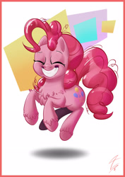 Size: 2480x3508 | Tagged: safe, artist:tony-retro, pinkie pie, pony, chest fluff, eyes closed, high res, pronking, smiling, solo, unshorn fetlocks