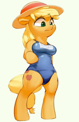 Size: 700x1080 | Tagged: safe, artist:masak9, applejack, earth pony, pony, semi-anthro, unguligrade anthro, arm hooves, breasts, clothes, female, floppy ears, mare, school swimsuit, simple background, solo, swimsuit