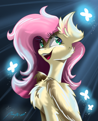 Size: 1536x1900 | Tagged: safe, artist:alexbluebird, fluttershy, butterfly, pegasus, pony, bust, cheek fluff, chest fluff, ear fluff, eyelashes, looking away, open mouth, portrait, smiling, solo, speedpaint, wingding eyes, wings