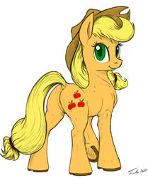 Size: 628x751 | Tagged: safe, artist:tsitra360, applejack, earth pony, pony, applebutt, applejack's hat, braid, butt, cowboy hat, dock, hat, horseshoes, looking at you, looking back, looking back at you, muscles, plot, signature, simple background, smiling, smiling at you, solo, standing, underhoof, white background