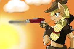 Size: 900x600 | Tagged: safe, artist:traupa, applejack, anthro, clothes, fingerless gloves, gloves, gun, hat, midriff, solo, weapon