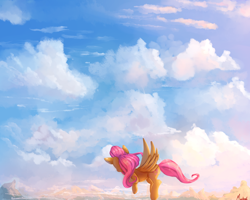 Size: 2500x2000 | Tagged: safe, artist:miokomata, fluttershy, pegasus, pony, cloud, female, flying, looking away, mare, sky, solo, spread wings, wings