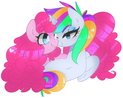 Size: 1280x1026 | Tagged: safe, artist:euphoriapony, pinkie pie, rarity, earth pony, pony, unicorn, it isn't the mane thing about you, alternate hairstyle, female, lesbian, looking at each other, punk, raripie, raripunk, shipping, simple background, smiling, transparent background