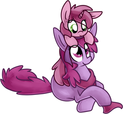 Size: 670x622 | Tagged: safe, artist:littlepinkalpaca, berry punch, berryshine, ruby pinch, earth pony, pony, unicorn, duo, duo female, female, filly, mare, mother and child, mother and daughter, parent and child, prone, simple background, white background