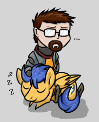 Size: 568x700 | Tagged: safe, artist:overcharge, flash sentry, human, ..., crossover, cute, diasentres, eyes closed, flash gordon, frown, glasses, gordon freeman, half-life, human on pony snuggling, petting, prone, pun, sitting, sleeping, smiling, snuggling, speechless, valve, video game, visual pun, zzz