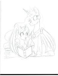 Size: 1020x1320 | Tagged: safe, artist:aphelionmars, princess celestia, oc, oc:blooming corals, alicorn, pony, blind, book, reading, traditional art