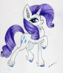 Size: 2445x2861 | Tagged: safe, artist:luxiwind, rarity, pony, unicorn, female, high res, looking at you, raised hoof, simple background, solo, traditional art, unshorn fetlocks