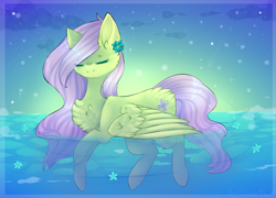 Size: 2000x1436 | Tagged: safe, artist:twinkepaint, fluttershy, pegasus, pony, chest fluff, eyes closed, female, flower, mare, smiling, solo, water