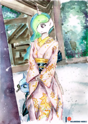 Size: 2287x3219 | Tagged: safe, artist:mashiromiku, princess celestia, princess luna, anthro, clothes, kimono (clothing), patreon, patreon logo, traditional art, watercolor painting