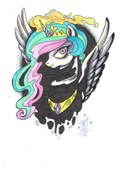 Size: 1020x1320 | Tagged: safe, artist:luckyponytattoo, princess celestia, alicorn, pony, dark, smiling, smirk, solo, tattoo concept, tattoo design