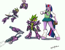 Size: 1024x793 | Tagged: safe, artist:ghstkatt, derpibooru import, spike, twilight sparkle, anthro, dragon, robot, unguligrade anthro, 2013, book, clothes, crossover, flamethrower, horned humanization, jetpack, medabot medal, medabots, medawatch, school uniform, weapon