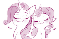 Size: 1254x843 | Tagged: safe, artist:imalou, rarity, sweetie belle, pony, unicorn, /mlp/, 4chan, :3, belle sisters, blushing, bust, catface, cute, diasweetes, drawthread, duo, eyes closed, female, filly, floppy ears, mare, monochrome, owo, portrait, raribetes, siblings, simple background, sisters, smiling, text, uwu, white background