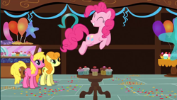 Size: 1920x1080 | Tagged: safe, screencap, carrot top, cherry berry, golden harvest, pinkie pie, earth pony, pony, a bird in the hoof, balloon, cake, food, jumping, sugarcube corner (interior), table