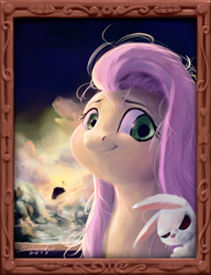 Size: 2308x3000 | Tagged: safe, artist:mindofor, angel bunny, fluttershy, pegasus, pony, rabbit, bust, duo, female, frame, looking at you, looking sideways, mare, messy mane, portrait, smiling, solo