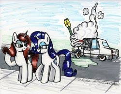 Size: 1024x796 | Tagged: safe, artist:sketchywolf-13, rarity, oc, oc:autumn snow, oc:roxie, oc:sketchy, earth pony, pony, unicorn, accident, bull horns, cadillac, cadillac deville, car, crash, cutie mark, female, horn, looking at someone, male, mare, stallion, traditional art