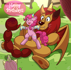 Size: 1092x1067 | Tagged: safe, artist:vavacung, fluttershy, manny roar, pinkie pie, earth pony, manticore, pegasus, pony, clothes, female, happy birthday to you!, male, socks, striped socks