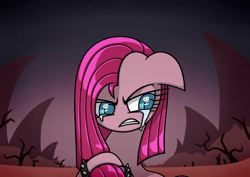 Size: 1754x1240 | Tagged: safe, artist:rambopvp, pinkie pie, earth pony, pony, angry, crying, female, floppy ears, looking away, looking down, mare, no nose, pinkamena diane pie, sad, solo, spiked wristband, wasteland, wingding eyes, wristband