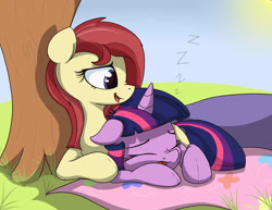 Size: 2452x1889 | Tagged: safe, artist:mistydash, derpibooru import, twilight sparkle, twilight sparkle (alicorn), oc, oc:rhythm a cappella, alicorn, pony, female, mare, sleeping, zzz