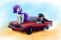 Size: 1024x670 | Tagged: safe, artist:stanwuuz, rarity, oc, oc:sketchy, earth pony, pony, unicorn, art trade, burnout, canon x oc, car, cutie mark, digital art, dodge (car), dodge aspen, female, horn, male, mare, plymouth, plymouth volare, sky, stallion