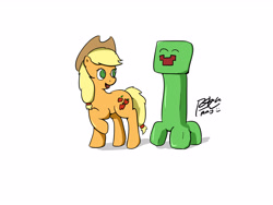 Size: 2560x1920 | Tagged: safe, artist:pwnagespartan, applejack, earth pony, pony, creeper, cute, drawing, minecraft, simple, smiling