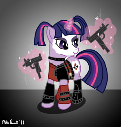 Size: 1191x1242 | Tagged: safe, derpibooru import, twilight sparkle, batman, batman arkham city, bedroom eyes, harley quinn, ingram mac-10, pigtails, tara strong, voice actor joke