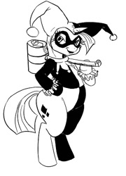 Size: 322x446 | Tagged: safe, artist:sidewinder36, derpibooru import, twilight sparkle, batman, clothes, cosplay, harley quinn, mallet, monochrome, tara strong, voice actor joke