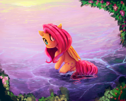 Size: 2500x2000 | Tagged: safe, artist:miokomata, fluttershy, pegasus, pony, female, flower, looking at you, looking back, mare, plot, signature, solo, water