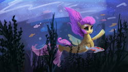 Size: 1920x1080 | Tagged: safe, artist:hierozaki, fluttershy, fish, seapony (g4), my little pony: the movie, cloud, kelp, night, seaponified, seapony fluttershy, seaweed, sky, solo, species swap, stars, underwater, watershy