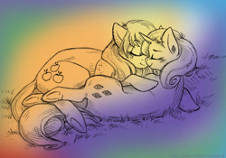 Size: 1200x840 | Tagged: safe, artist:kaemantis, applejack, rarity, earth pony, pony, unicorn, cuddling, ear piercing, earring, eyes closed, female, jewelry, lesbian, mare, missing accessory, piercing, rarijack, shipping, smiling, snuggling, underhoof