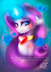 Size: 1024x1449 | Tagged: safe, artist:wilvarin-liadon, rarity, pony, unicorn, blushing, bust, cute, female, fire ruby, floppy ears, flower, gem, glowing horn, horn, mare, raribetes, ruby, solo