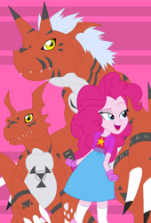 Size: 2279x3350 | Tagged: safe, artist:pyrus-leonidas, pinkie pie, equestria girls, crossover, digidestined, digimon, female, growlmon, guilmon, male, pink background, simple background