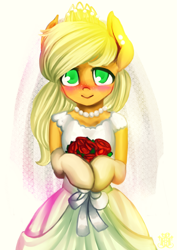 Size: 2893x4092 | Tagged: safe, artist:monochromacat, part of a series, part of a set, applejack, earth pony, pony, bipedal, blushing, bouquet, clothes, dress, female, jewelry, looking at you, marriage, monochromacat's wedding series, necklace, simple background, smiling, solo, wedding dress, white background