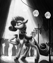 Size: 1380x1653 | Tagged: safe, artist:nemo2d, rarity, pony, unicorn, fanfic:salvation, crowd, eyes closed, fanfic art, female, grayscale, mare, monochrome, raised hoof, saddle, silhouette, solo focus, tack