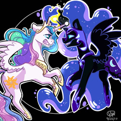 Size: 1024x1024 | Tagged: safe, artist:mkclaassic-arts, nightmare moon, princess celestia, alicorn, pony, abstract background, black background, crying, duo, ethereal mane, female, fight, grin, gritted teeth, horns are touching, jewelry, looking at each other, mare, regalia, simple background, smiling, starry mane