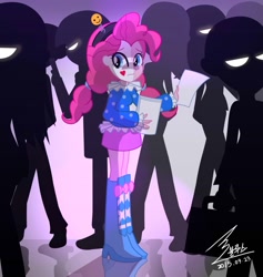 Size: 900x949 | Tagged: safe, artist:bluse, pinkie pie, equestria girls, alternate hairstyle, boots, clothes, clown, female, high heel boots, makeup, paper, ruff (clothing), sad, sad clown, shoes, show accurate, silhouette, skirt