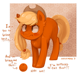 Size: 1024x980 | Tagged: safe, artist:kyaokay, applejack, earth pony, pony, :t, angry, applejack is not amused, blushing, chest fluff, dialogue, dishonorapple, dissatisfied, fluffy, food, frown, missing cutie mark, nose wrinkle, orange, solo, unamused