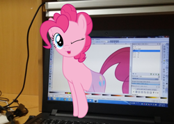 Size: 2983x2122 | Tagged: safe, artist:camo-pony, pinkie pie, :3, computer, fourth wall, fourth wall destruction, irl, laptop computer, photo, ponies in real life, solo, windows, windows 7