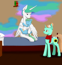 Size: 2000x2100 | Tagged: safe, artist:ruanshi, princess celestia, oc, oc:azure glide, oc:meadowshy, alicorn, pegasus, pony, unicorn, adoption, bed, colt, crying, cute, elderly, fanfic art, happy, hug, male, momlestia, ocbetes, sitting, tears of joy, winghug