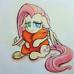 Size: 1080x1080 | Tagged: safe, artist:sketchwhatyousee, fluttershy, pegasus, pony, cute, floppy ears, frog (hoof), lidded eyes, looking at you, pillow, shyabetes, signature, smiling, solo, spread wings, traditional art, underhoof, wings