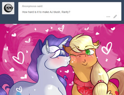 Size: 650x500 | Tagged: safe, artist:twilidramon, applejack, rarity, earth pony, pony, unicorn, ask-rarijack, blushing, eyes closed, female, heart, kiss on the cheek, kissing, lesbian, mare, one eye closed, rarijack, shipping, tumblr