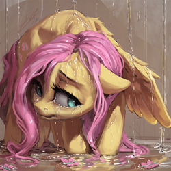 Size: 600x600 | Tagged: safe, artist:assasinmonkey, fluttershy, pegasus, pony, crying, female, floppy ears, hunched over, mare, rain, sad, solo, wet, wet mane