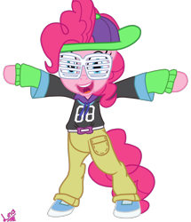 Size: 1600x1862 | Tagged: safe, artist:linacloud23, pinkie pie, earth pony, pony, better together, dance magic, equestria girls, spoiler:eqg specials, a queen of clubs, bipedal, clothes, equestria girls ponified, female, mare, mc pinkie, open mouth, pants, ponified, rapper pie, shoes, shutter shades, signature, simple background, solo, transparent background, vector