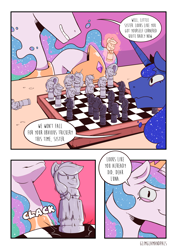 Size: 2480x3508 | Tagged: safe, artist:raph13th, princess celestia, princess luna, alicorn, pony, comic:glim glam and pals, chess, comic, dialogue, female, levitation, magic, mare, telekinesis